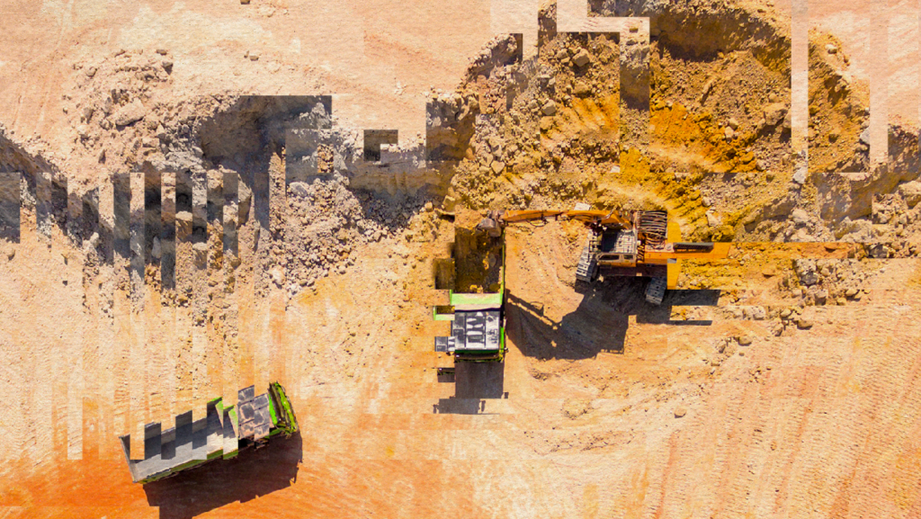 A bird's eye view photo of an orange sand mine with transport lorries, but the image is slightly distorted by digital artefacts.